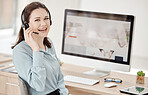 Call center employee, phone call and woman at desk, communication and working in customer service or telemarketing. Agent with headset, computer and consulting with client, consultant and support.