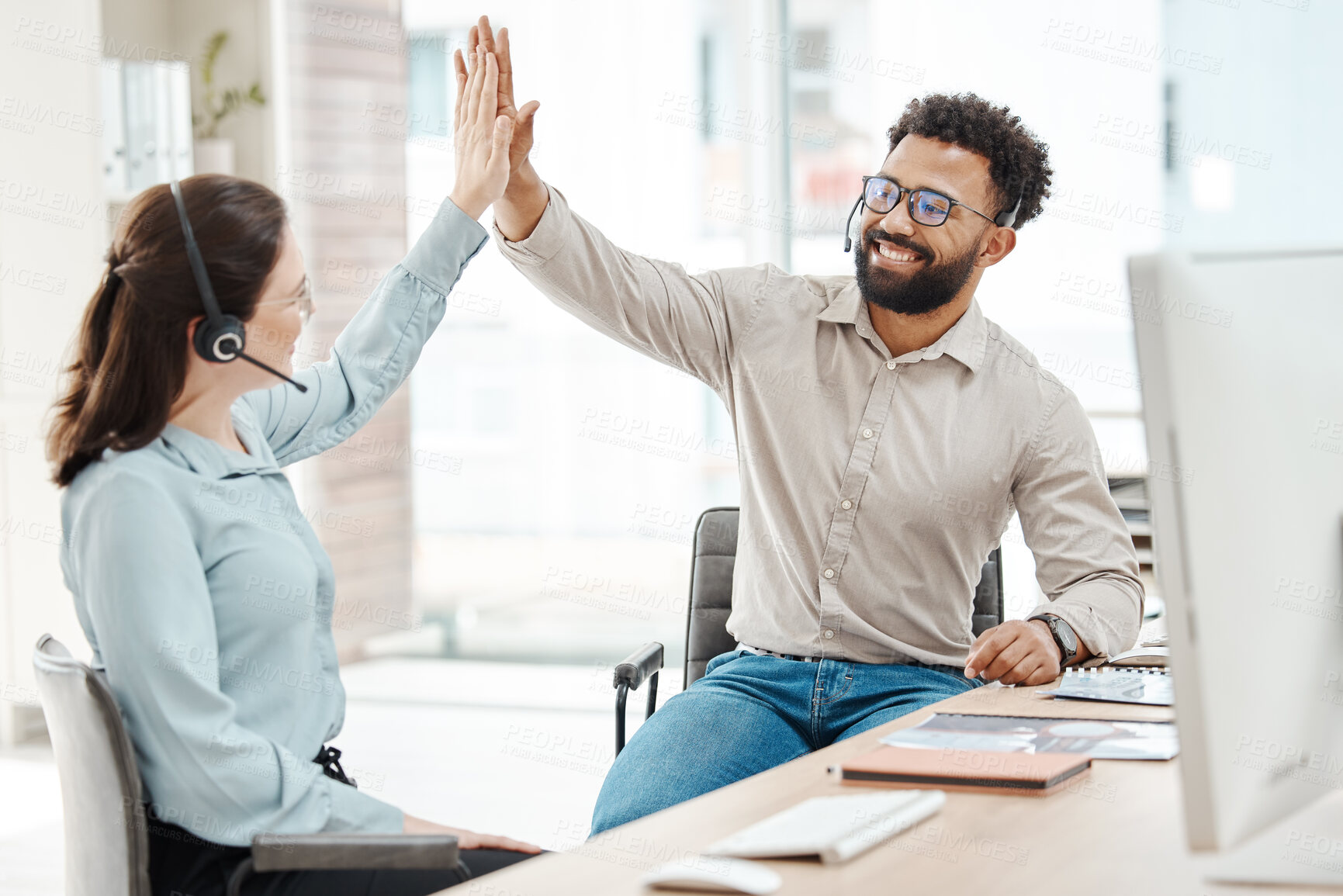 Buy stock photo Call center, high five and team for telemarketing sales, company target achievement or b2b success goal celebration. Virtual customer service advisor teamwork hand sign for office support motivation