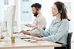 Woman, call center and smile at computer for customer support, crm or help in phone call. Consultant, agent or worker is happy for consulting at customer service, telemarketing or support job with pc