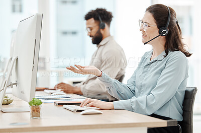 Buy stock photo Woman, call center and smile at computer for customer support, crm or help in phone call. Consultant, agent or worker is happy for consulting at customer service, telemarketing or support job with pc