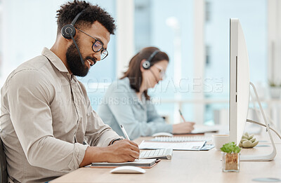 Buy stock photo Customer support, writing and businessman at computer in call center office for telemarketing, consulting and phone call. Communication, contact and sales with employee and kpi or crm with notebook