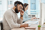 Burnout, stress and call center agent man on computer in telemarketing sale, website support career fatigue. Tired, anxiety or depression of online IT business support consultant or virtual advisor