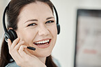 Call center, customer service and telemarketing with a woman consultant working in her office with a headset. Crm, contact us and sales with a female consulting on a call at work for care or help