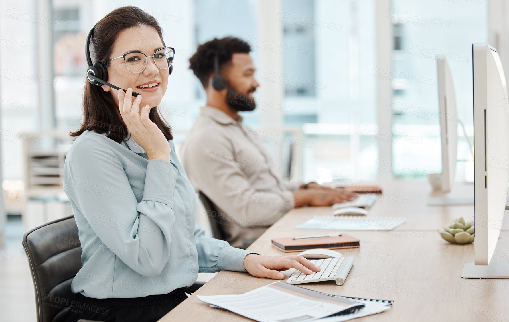 Buy stock photo Call center, contact us and woman with headset at pc for customer service or telemarketing in office. Consultant, computer and female agent in CRM, communication and support agency with teamwork