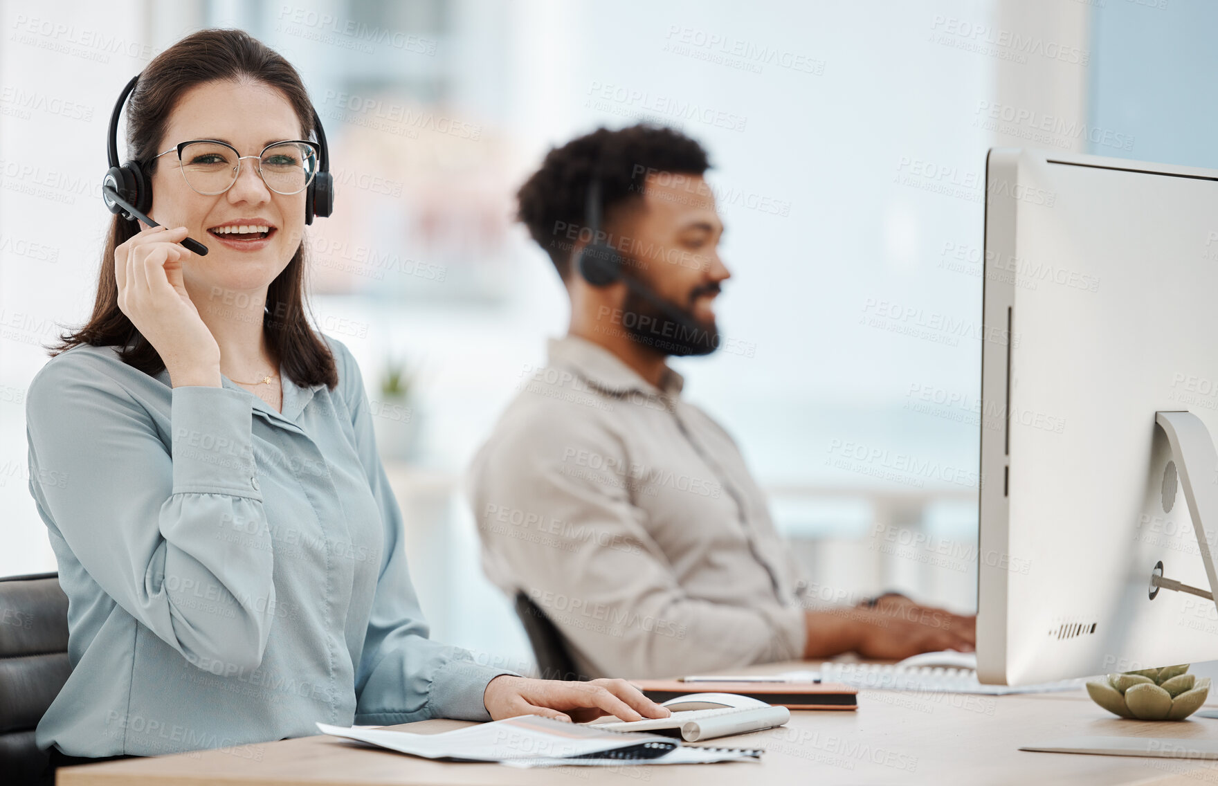 Buy stock photo Contact us, call center and happy woman in insurance sales talking, helping and working at a customer service desk. Smile, telecom and telemarketing agent consulting or speaking on headset in Toronto