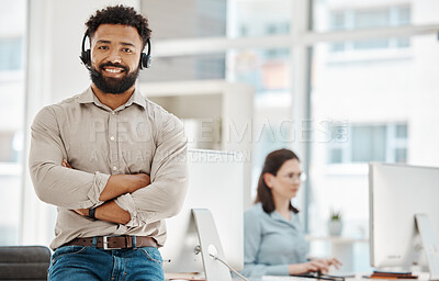 Buy stock photo Call center, pride and businessman consulting, working and talking at a telemarketing company. Portrait of customer service employee and manager with arms crossed while giving support with a headset