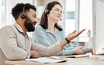 Call center staff teaching sales consultant, telemarketing employees and crm customer service workers on computer software in office agency. Business people training, coaching and consulting solution