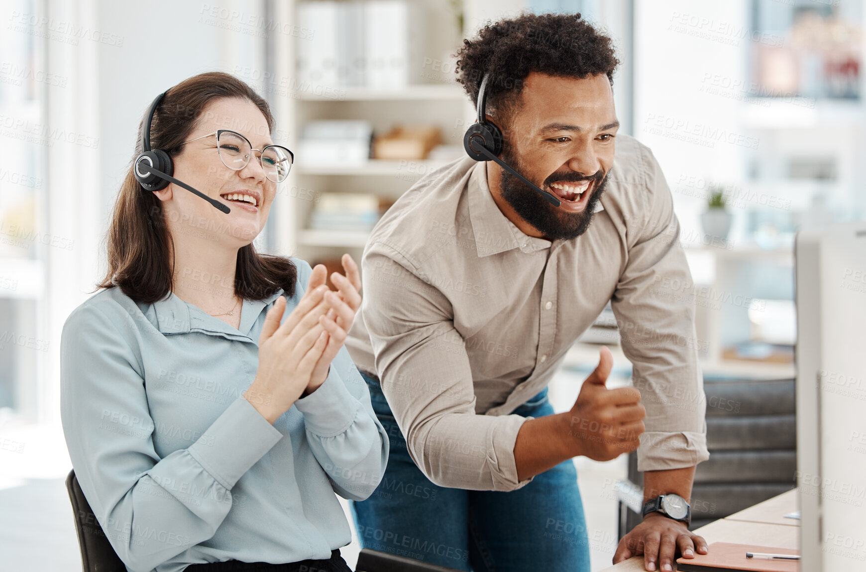 Buy stock photo Crm, call center and thumb up with team celebration, wow and smile at work in office learning from manager. Man, woman and diversity in training for customer service, winner and goal in telemarketing