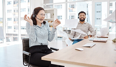 Buy stock photo Call center, customer service and excitement with a woman consultant celebrating sales at work on a headset. Ecommerce, contact us and crm with a surprised female happy at success in telemarketing