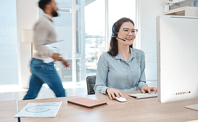 Buy stock photo Woman with headset, customer support service and working at online call center or remote telemarketing business with a smile. Office crm consultant at desk, happy to help client and use PC ai for faq