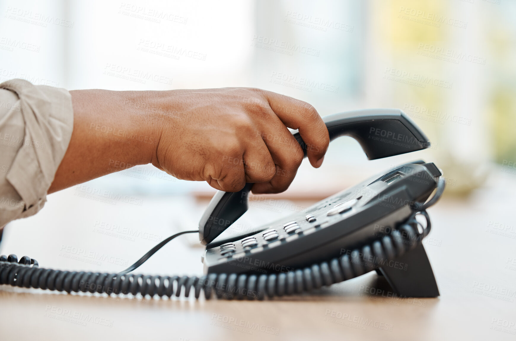 Buy stock photo Hand of receptionist on telephone, person contact us in business office and communication at help desk. Answer customer call in company, assistant in corporate crm and call center secretary working