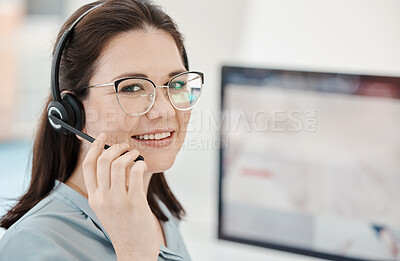 Buy stock photo Call center, telemarketing, and customer service operator woman with headset looking happy inside an crm office. Face of female contact us and sales consultant offering support and help with a smile
