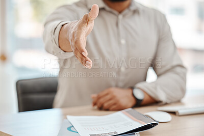 Buy stock photo Hiring, handshake and welcome due to success in an interview for a new job position after negotiation agreement. Shaking hands, cv and hr manager greeting employee or worker after resume application