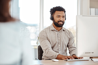 Buy stock photo Call center, customer service and telemarketing with a man consultant working on a computer in the office. Crm, contact us and sales with a male support agent at work or consulting on a headset