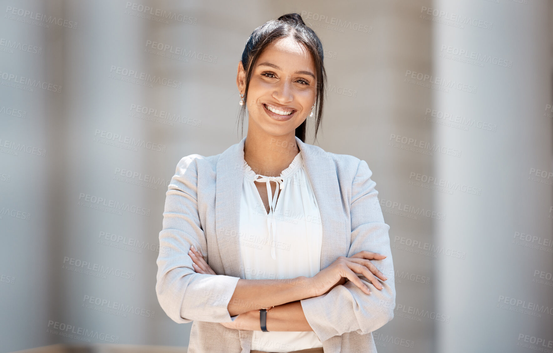 Buy stock photo City business woman, portrait and smile for corporate success, motivation and vision in urban New York USA outdoors. Happy young female entrepreneur, employee and worker with vision of career goals