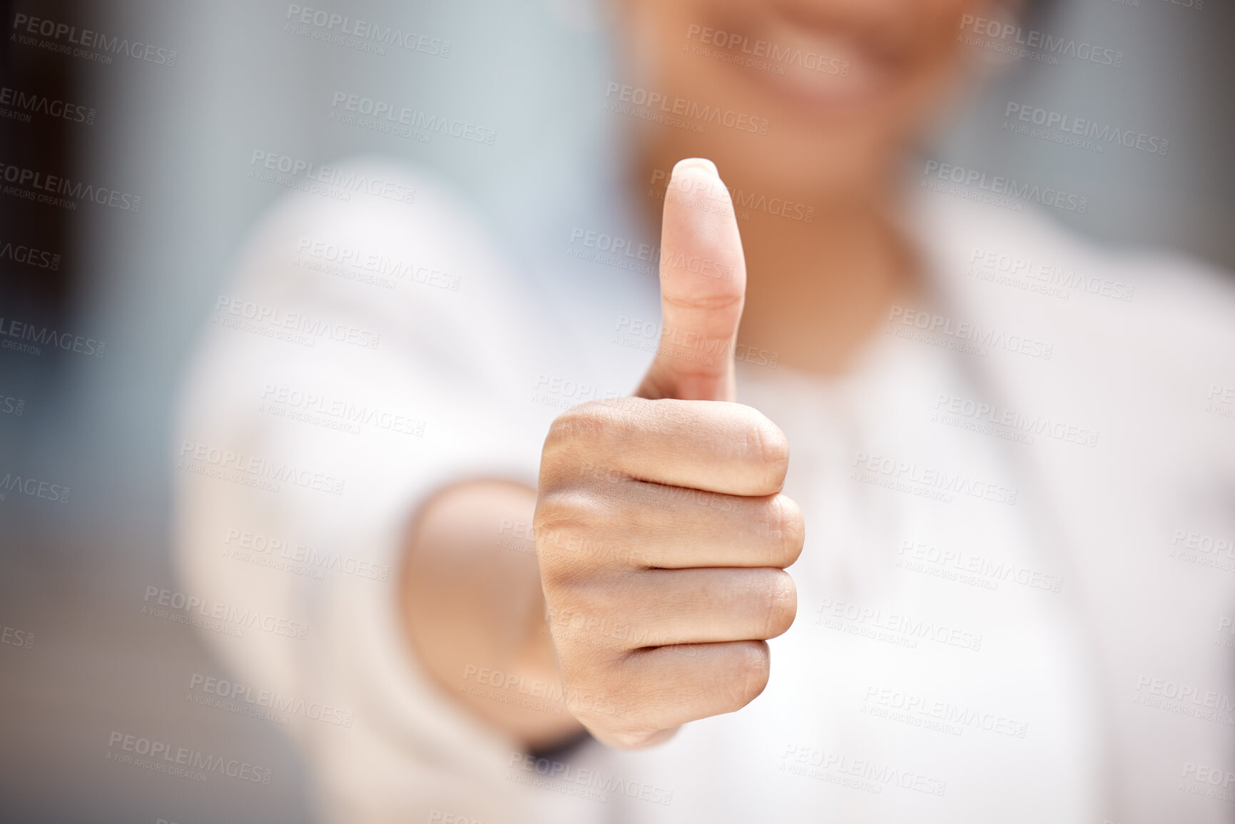 Buy stock photo Thumbs up, woman hands and support vote, motivation and trust for thank you, success and winner. Closeup finger feedback, agreement and like emoji of excited goal, praise review and yes happy service