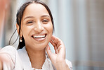 Face, smile and selfie with a happy black woman in the city feeling carefree with mockup. Beauty, head and portrait with an attractive young female taking a photograph or picture alone outside