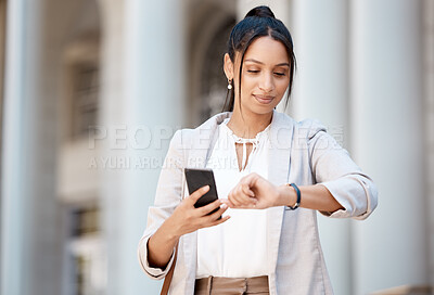 Buy stock photo Business woman, phone and time in city travel, work commute or London lunch break. Thinking worker, employee or creative designer with 5g mobile, networking technology or clock in schedule management