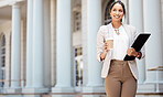 Thinking, coffee and businesswoman walking on city street with success mindset, idea or motivation with a smile. Professional female happy with career vision, opportunity or job in New York