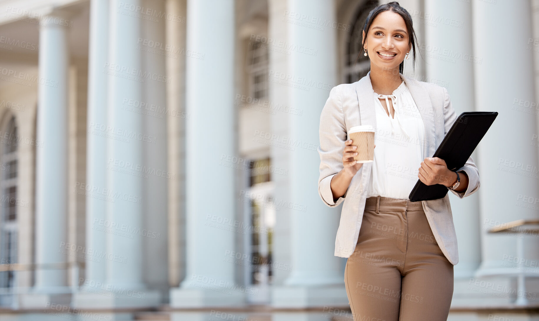 Buy stock photo Thinking, coffee and businesswoman walking on city street with success mindset, idea or motivation with a smile. Professional female happy with career vision, opportunity or job in New York