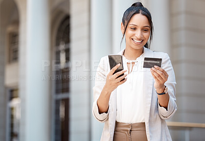 Buy stock photo Finance, payment and credit card with woman and phone in city for online shopping, ecommerce or investment app. Fintech, internet and banking with customer and mobile for digital, economy and balance