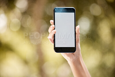 Buy stock photo Phone, woman hand and marketing mock up blank screen space for digital web design advertising in city. Smartphone, 5g internet technology and female hold device against blurred outdoor background