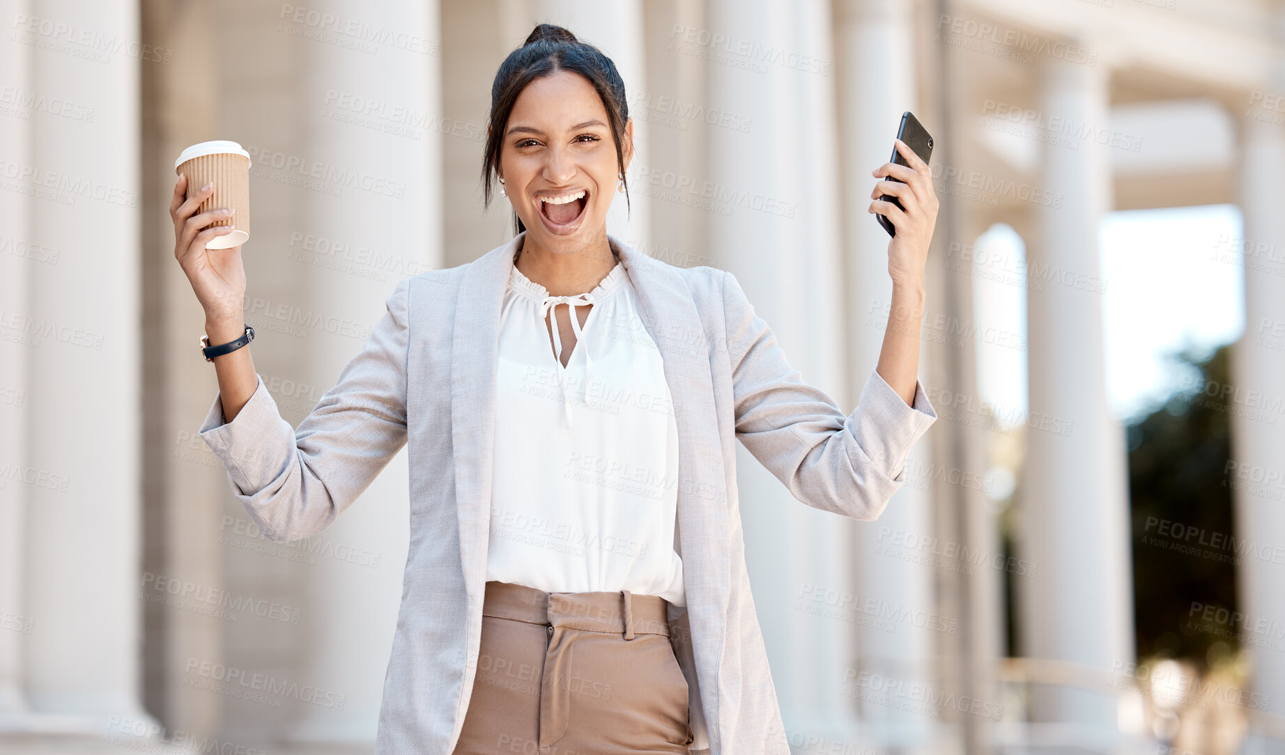 Buy stock photo Excited, coffee and business woman with phone for motivation, happy communication and notification in city of Germany. Portrait of corporate worker in celebration of success with smartphone and tea