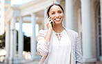 Woman, phone call and smile for communication in the city having a conversation about business travel in the outdoors. Female smiling, traveling and success in 5G calling service on mobile smartphone