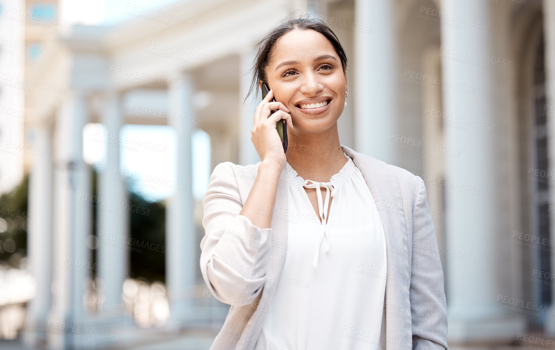 Buy stock photo Woman, phone call and smile for communication in the city having a conversation about business travel in the outdoors. Female smiling, traveling and success in 5G calling service on mobile smartphone