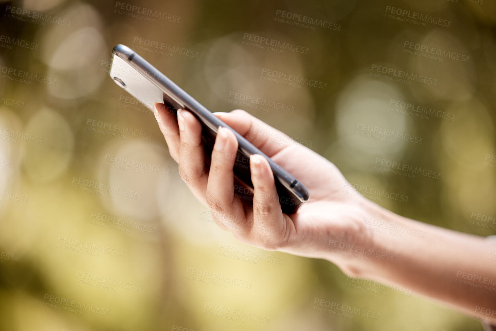 Buy stock photo Hands, bokeh and social media communication with 5g technology connection outside close up. Tech leisure entertainment person holding smartphone with networking app and internet connectivity.