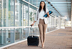 Travel, airport and and suitcase with business woman and walking for global, management and corporate journey. Leadership, ceo and luggage with executive professional for flight, vacation or career