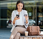 Online shopping, credit card and business woman on her phone in city. Tech, urban and happy girl using smartphone for online banking, internet and cyber shopping on online store, bank card in hand