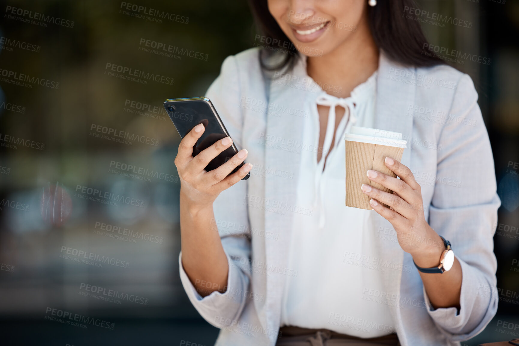 Buy stock photo Business, phone and happy woman check company work schedule or reading email notification. Professional career girl reading online news, conversation texting or searching on digital networking app