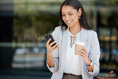 Buy stock photo Business woman, coffee and phone outside on city street with 5g network for communication, good news and mobile app to read message. Happy female outside on smartphone for networking on internet