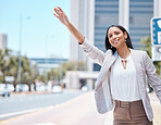 City, business woman and calling for a taxi in the street to travel or commute to work in the morning. Happy, young and corporate employee doing a arm wave to get a cab or lift in a urban road.