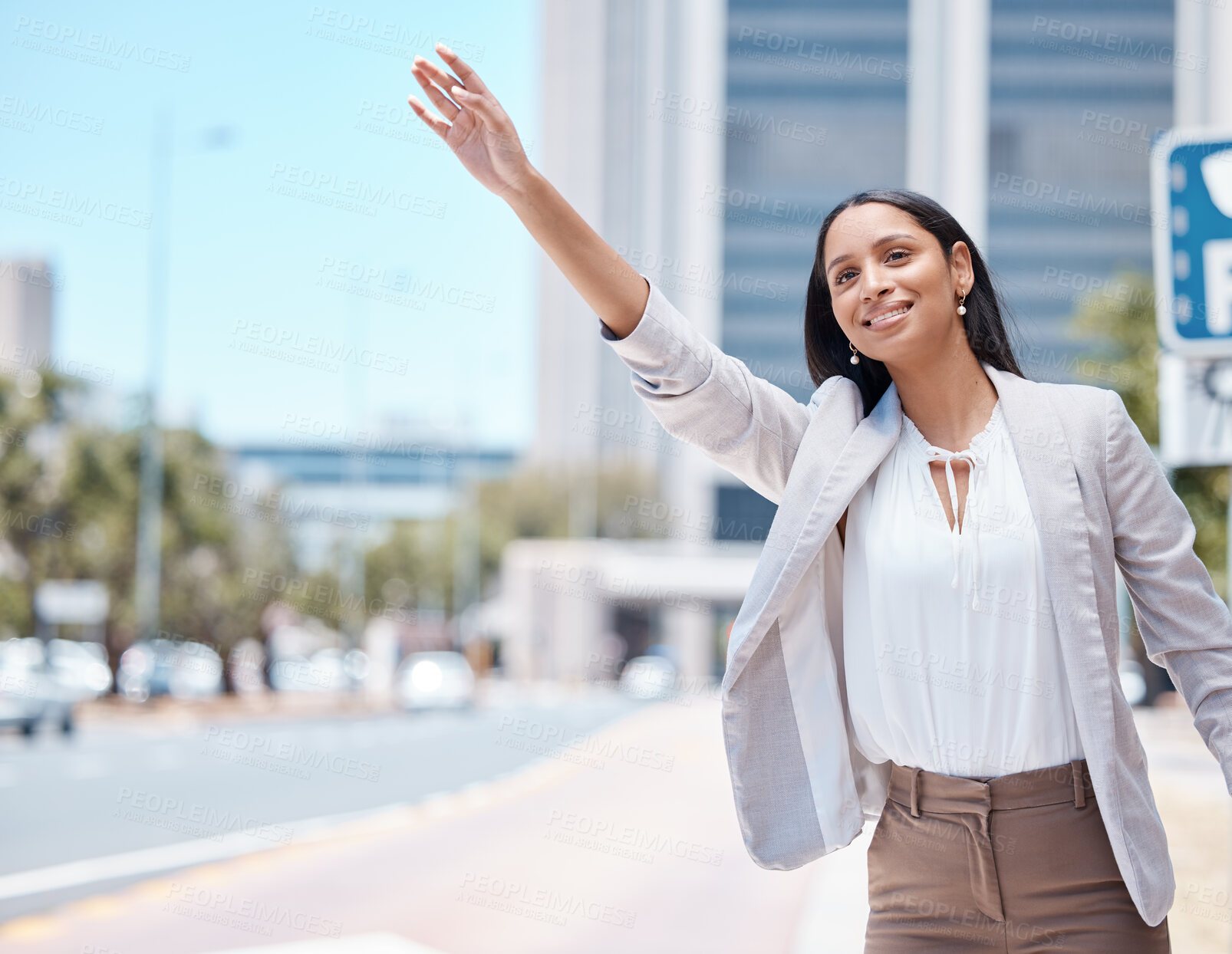 Buy stock photo City, business woman and calling for a taxi in the street to travel or commute to work in the morning. Happy, young and corporate employee doing a arm wave to get a cab or lift in a urban road.