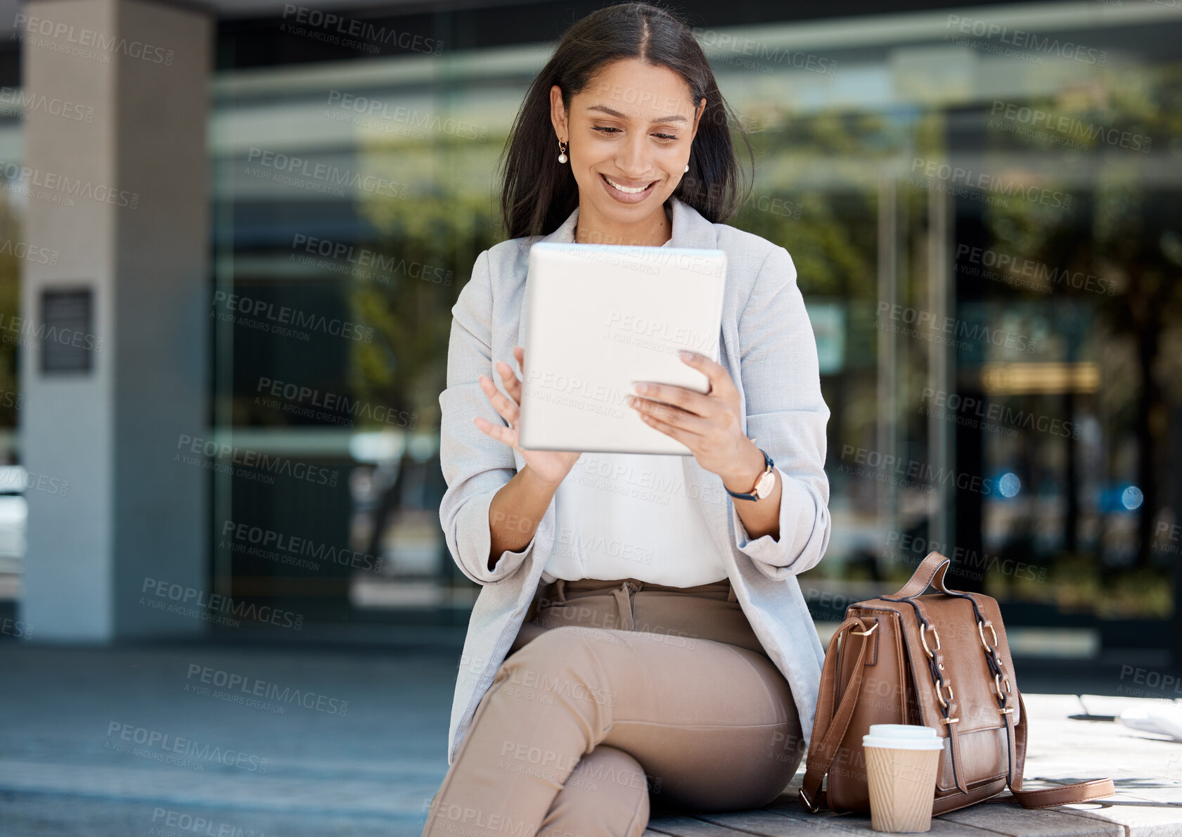 Buy stock photo Working, city and business woman with tablet doing work and using internet. Tech, email and corporate worker using digital notebook. Happy black woman online outside office building on coffee break