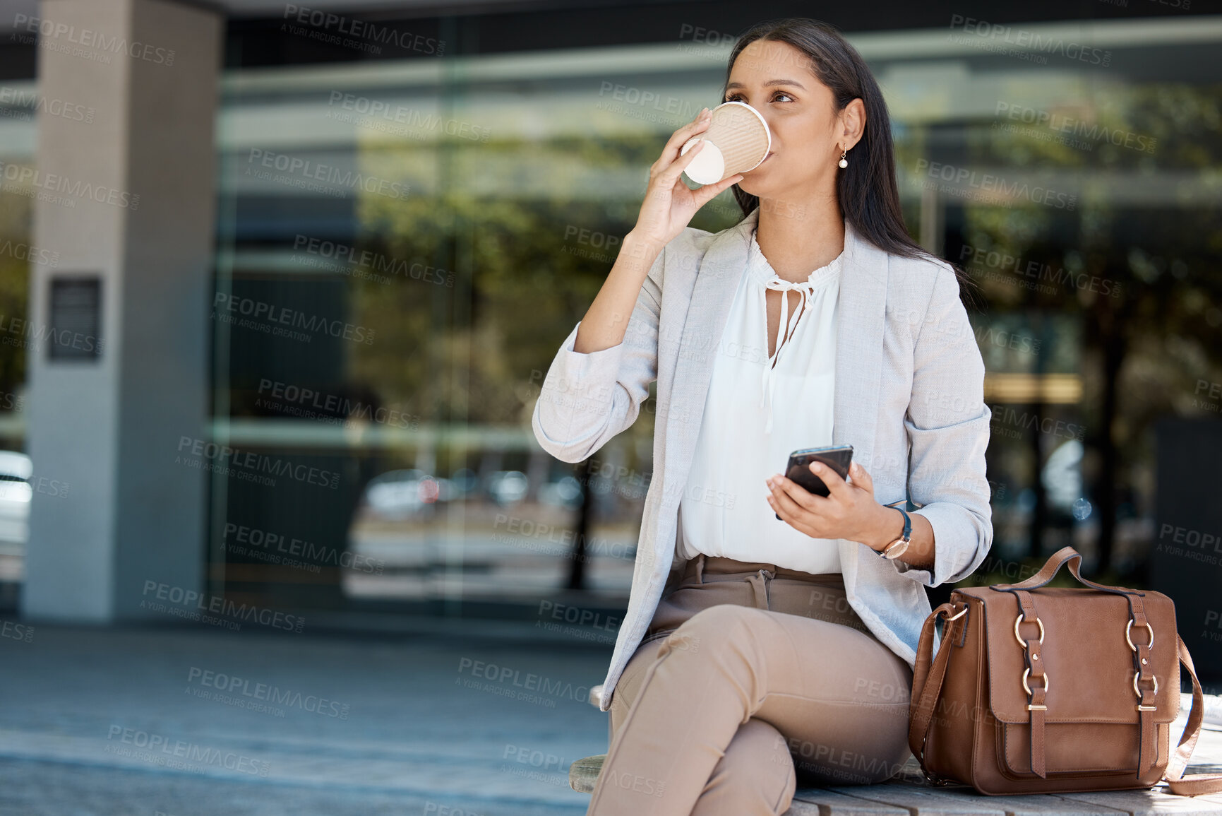 Buy stock photo Coffee, phone and outdoor woman relax on work lunch break for peace, calm and mindset wellness. City, stress relief and young business girl, worker or employee drinking tea with mobile smartphone