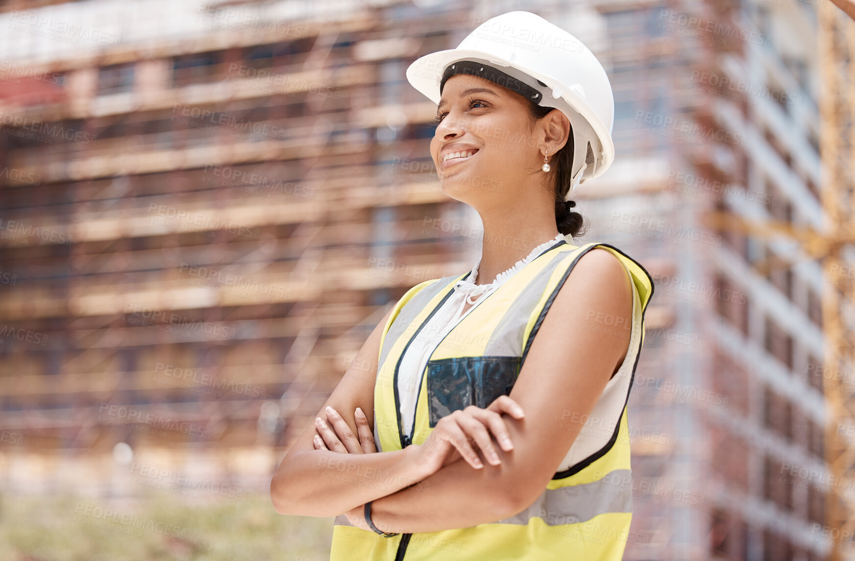 Buy stock photo Arms crossed, building engineer and thinking construction worker woman with smile, goals or real estate architecture vision. Happy development employee, engineering or helmet on property working site