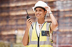 Woman engineer, construction and communication with walkie talkie, technology and safety check working. Construction worker, industry and protection helmet, radio supervision and leadership.