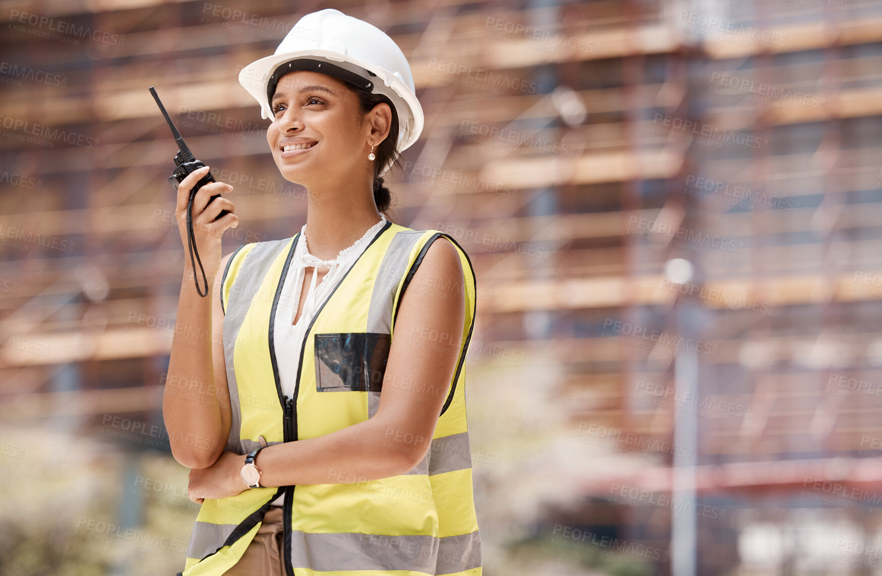 Buy stock photo Construction worker, smile and radio with woman for communication in logistics, engineering and safety. Leadership, planning and inspection with employee working on project management development