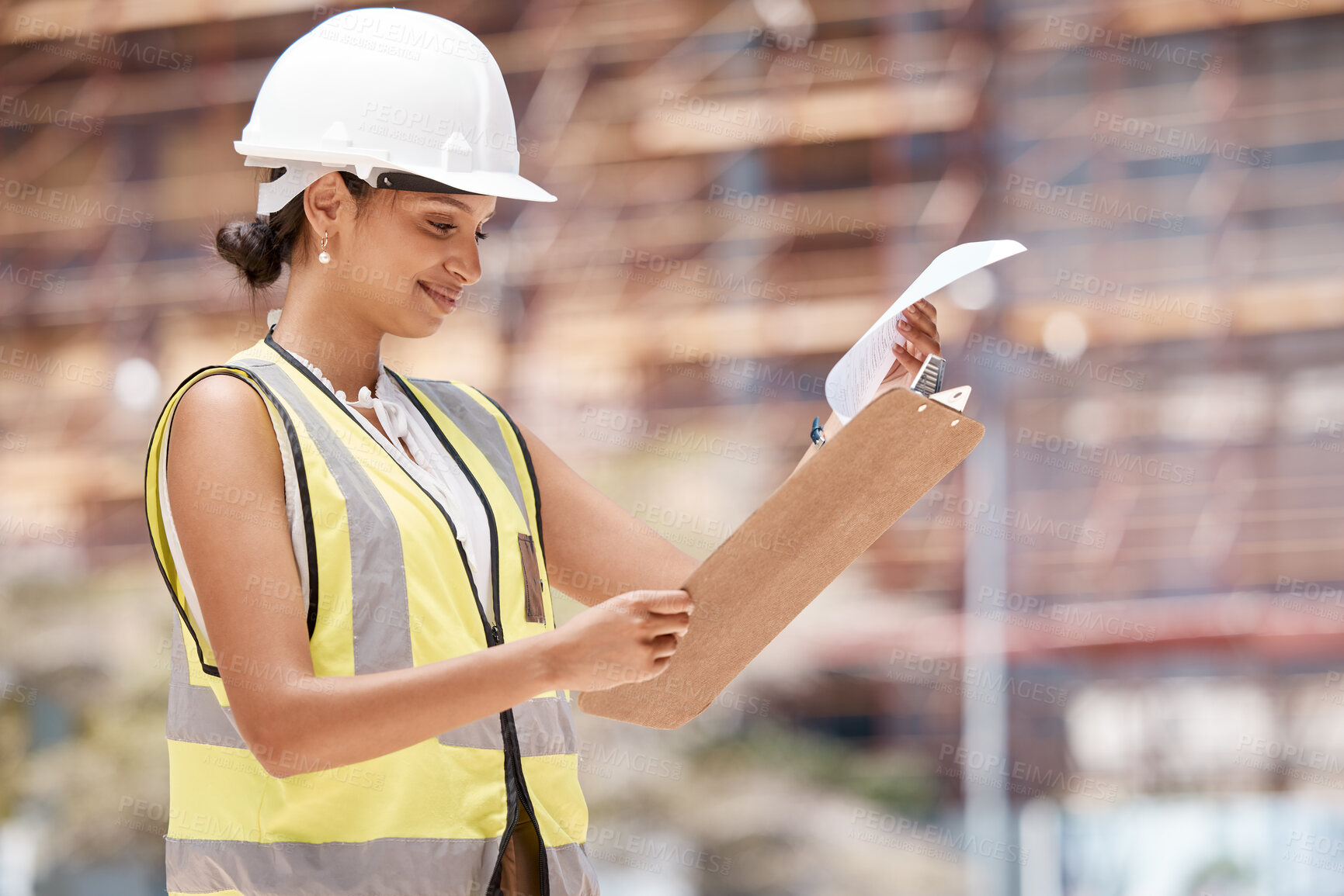 Buy stock photo Construction worker, checklist and clipboard, woman and  inspection, safety check and city building planning. Engineer at work site, protection helmet and working, construction and engineering.