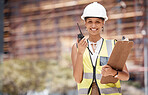 Worker, contractor or technician talking, radio and checklist with construction project. Engineering woman, happy communication and city building planning, industrial logistics and Builder manager
