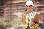 checklist, radio and contractor black woman in communication via radio on construction and building project. Smile, engineer and happy maintenance manager in conversation about planning and strategy 