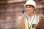 Construction site, contractor and woman talking radio communication, industrial building project management and architecture planning. Happy female engineering, development manager or city technician