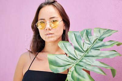 Buy stock photo Fashion sunglasses, asian and woman with leaf calm, relax and confident in her retro, vintage and yellow summer glasses. Beauty, skin and face portrait of chic gen z girl on Singapore travel vacation