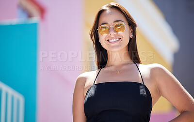 Buy stock photo Happy, woman and fashion glasses with smile on summer holiday break in the outdoors. Portrait of female smiling in happiness for vacation, travel with stylish eyewear for fun weekend in South Africa