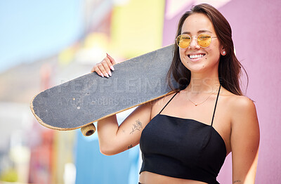 Buy stock photo Skateboard, girl and in city for summer outdoor day with casual, edgy or trendy look with retro sunglasses. Portrait, skater woman or young female cool, funky or smile being happy, relax and smile.
