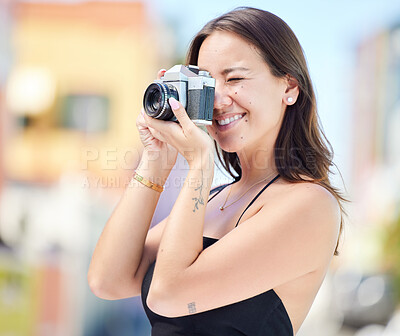 Buy stock photo Photographer, city photography and digital camera woman take urban photoshoot for memory on world, global or international travel. Vacation tour, smile and happy asian girl shooting outdoor Singapore
