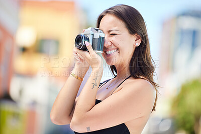 Buy stock photo Travel, photography and woman with camera in miami taking pictures of the city, buildings or town on vacation. Photographer, girl on holiday or vacation taking photo for happy memory or moments